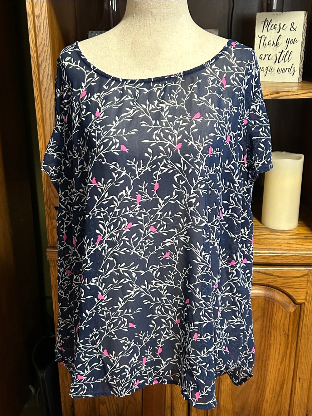 torrid Navy Floral Short-Sleeve Sheer Blouse with Pink Details